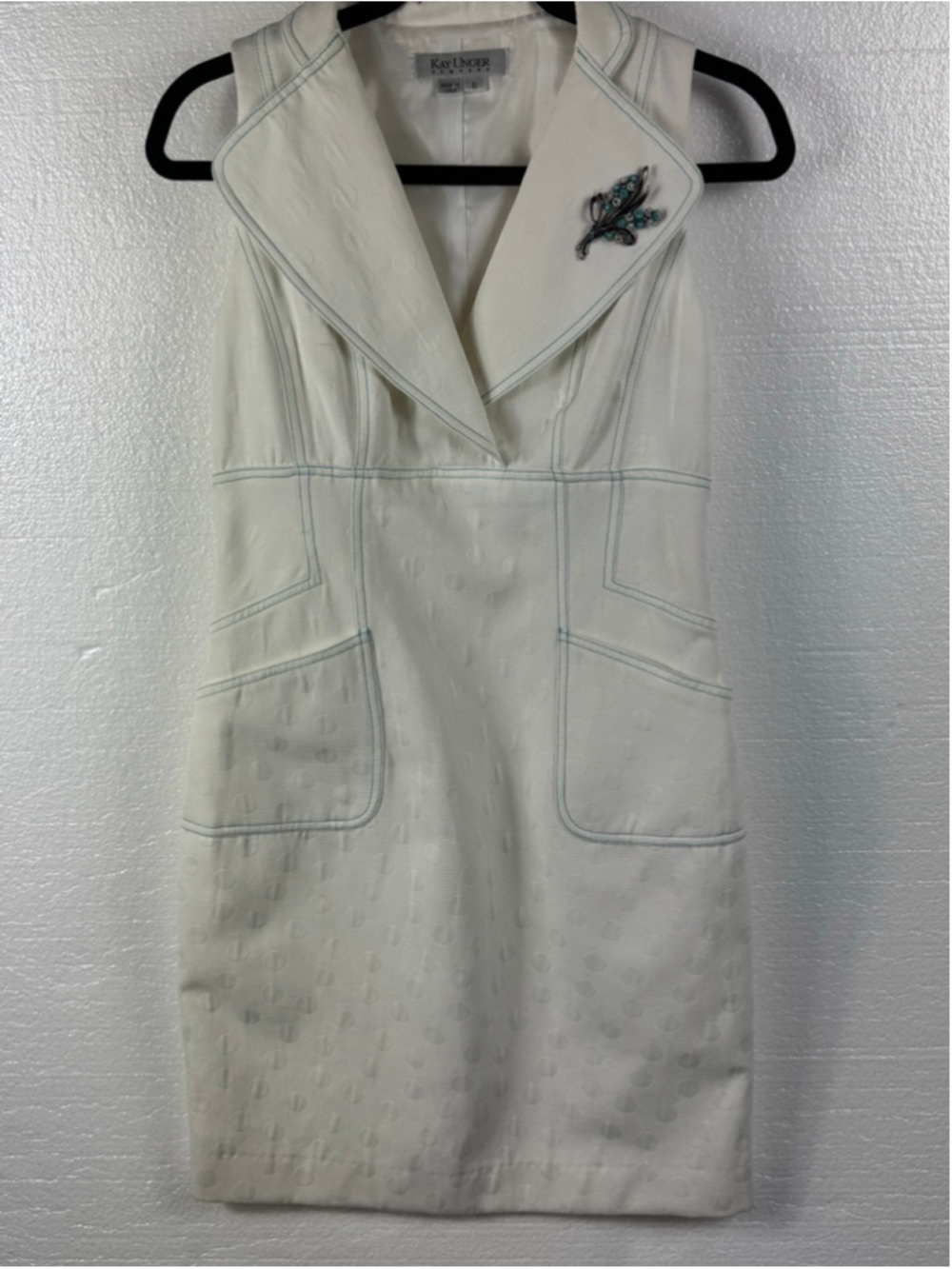 Kay Unger White Sleeveless Career Dress Polka dot Teal Stitching Size 6